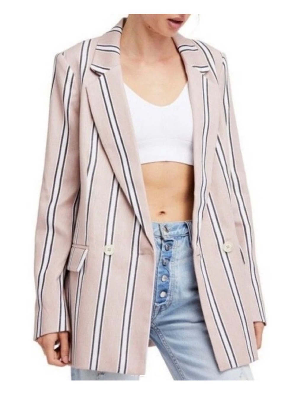 Free People Uptown Girl Pink Striped Oversized Blazer XS